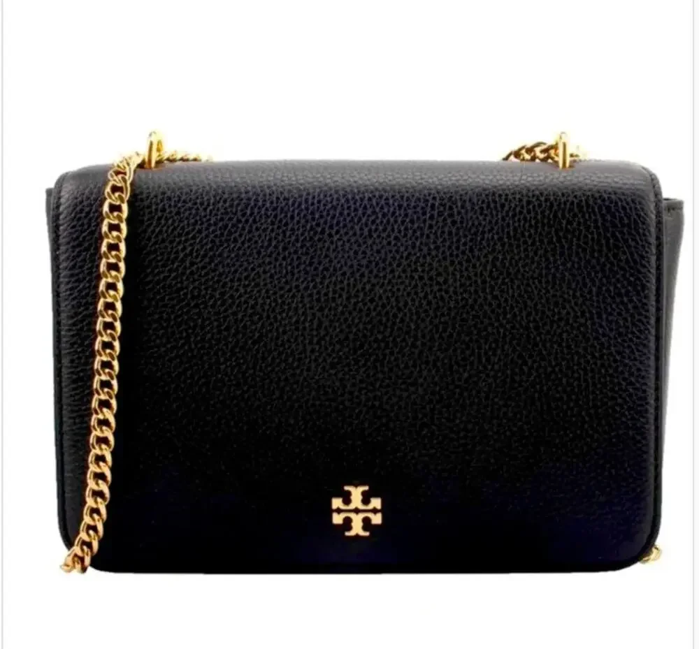 Tory Burch Carter Chain Crossbody Leather Shoulder Bag Purse Black Gold